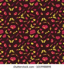 Vector illustration. Seamless Valentine':s with brown, magenta and yellow elements. Heart pattern.