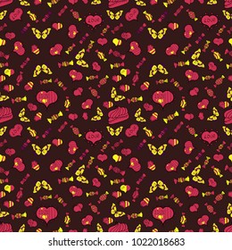 Vector illustration. Seamless Valentine':s with brown, magenta and yellow elements. Heart pattern.