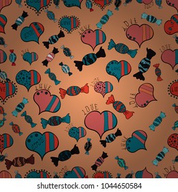 Vector illustration. Seamless Valentine's Day with watercolor heart outlines. Big and small hearts with swirls in yellow, blue and black colors.