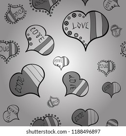 Vector illustration. Seamless Valentine':s Day with watercolor heart outlines. Big and small hearts with swirls in white, gray and black colors.