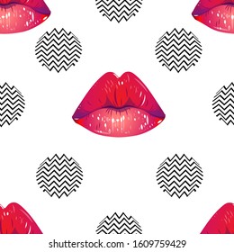 
Vector illustration of seamless valentine's day pattern for textile or wrapping paper. Female lips and golden circles on a white background.