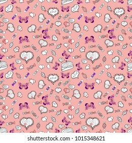 Vector illustration. Seamless Valentine':s with pink, white and black elements. Heart pattern.