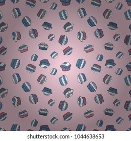 Vector illustration. Seamless of Variety Muffins, Poppy seed, Chocolate Chip, Pumpkin Cream, Chocolate and Delicious Breakfast or Dessert Muffins. Pattern on neutral, blue and white.