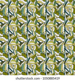Vector illustration. Seamless of Variety Muffins, Poppy seed, Chocolate Chip, Pumpkin Cream, Chocolate and Delicious Breakfast or Dessert Muffins. Pattern on white, neutral and green.