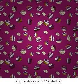 Vector illustration. Seamless of Variety Muffins, Poppy seed, Chocolate Chip, Pumpkin Cream, Chocolate and Delicious Breakfast or Dessert Muffins. Pattern on purple, white and black.