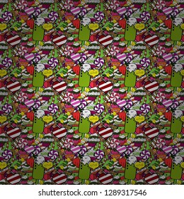 Vector illustration. Seamless of Variety Muffins, Poppy seed, Chocolate Chip, Pumpkin Cream, Chocolate and Delicious Breakfast or Dessert Muffins. Pattern on green, white and black.