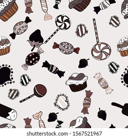 Vector illustration. Seamless of Variety Muffins, Poppy seed, Chocolate Chip, Pumpkin Cream, Chocolate and Delicious Breakfast or Dessert Muffins. Pattern on brown, neutral and black.