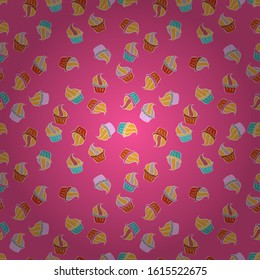 Vector illustration. Seamless of Variety Muffins, Poppy seed, Chocolate Chip, Pumpkin Cream, Chocolate and Delicious Breakfast or Dessert Muffins. Pattern on yellow, pink and neutral.