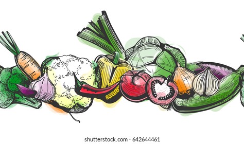 Vector illustration of a seamless vegetables coupon stripe in hand drawn style with bright colorful watercolor background.