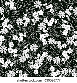 Vector illustration of seamless white and black flower pattern. White simple flowers and thin leaves on black background.