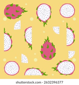
Vector illustration of seamless whole and sliced ​​dragon fruit pattern on yellow background. Suitable for fabric, packaging, wallpaper, and summer-themed graphic design projects.

