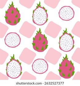 Vector illustration of seamless whole and sliced ​​dragon fruit pattern on white-pink background. Suitable for fabric, packaging, wallpaper, and graphic design projects with the summer theme.
