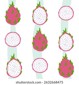Vector illustration of seamless whole and sliced ​​dragon fruit pattern on white-blue background. Suitable for fabric, packaging, wallpaper, and summer-themed graphic design projects.
