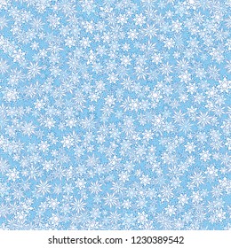 Vector illustration of seamless winter blue background of lots of falling snow white flying snowflakes