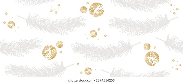 Ilustración vectorial sin fisuras. Diseño invernal. Ramas de pino sobre un fondo claro con bolas doradas. Adecuado para el diseño de papel pintado para paredes, bodas e invitaciones VIP.