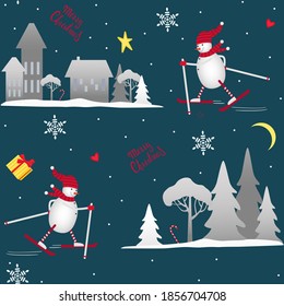 Vector illustration. Seamless winter pattern with snowman on skis, winter houses, trees and snowflakes for Christmas packaging, Wallpaper, fabric and textiles on holiday eve.