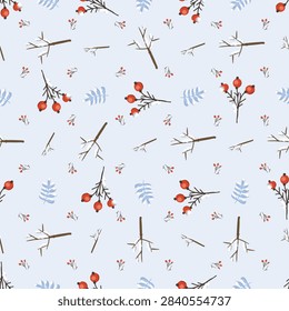 Vector illustration of a seamless winter pattern featuring red berries, snowy twigs, and blue leaves on a pastel background.