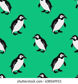 Vector illustration seamless winter pattern with cute penguins isolated on green background