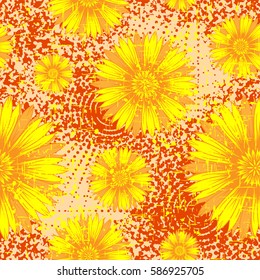 Vector illustration seamless yellow and orange background with abstract flowers for print on textile or paper