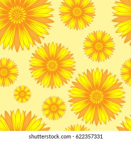 Vector illustration seamless yellow and orange background with abstract flowers for print on textile or paper