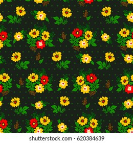 Vector illustration of seamless yellow and red flowers pattern on dark background. Beautiful simple flowers and leaves.