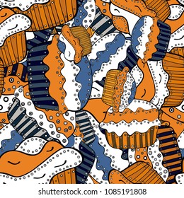 Vector illustration. Seamless.Colorful and different cupcakes with sweet time written in the middle isolated in orange, white, black, blue and gray.