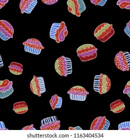 Vector illustration. Seamless.Colorful and different cupcakes with sweet time written in the middle isolated in black, orange and purple.