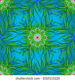 Vector illustration. Seamless.Spring background with colorful leaves. Variegated leaves on blue, green and yellow colors.