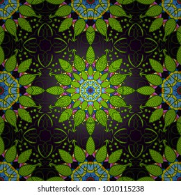 Vector illustration. Seamless.Summer background with colorful leaves. Diversified leaves on green, black and brown colors.