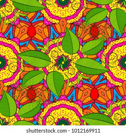 Vector illustration. Seamless.Various and tropical palm leaves, jungle leaves, botanical. Different leaves on green, yellow and orange colors.