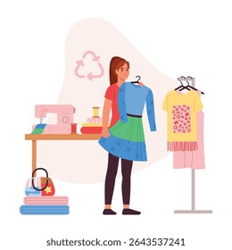 Vector illustration of a seamstress. Cartoon scene of a girl holding a sewn dress, a rack with hangers, clothes, table, sewing machine, folded fabric, spools of thread, bag, recycling symbol.