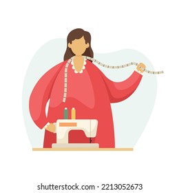 Ilustración vectorial de una costurera con una máquina de coser y cinta de medida. Profesión. Estilo plano