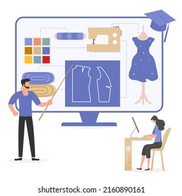 Vector illustration Seamstress teaching people at sewing classes. Online course or workshop. Sewing tools. Dressmaking, tailoring school for beginners. Learn to sew clothing.