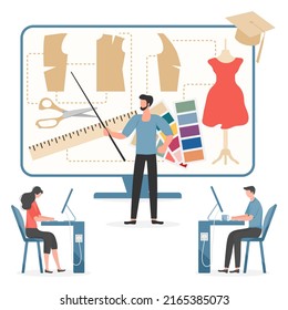 Vector illustration Seamstress teaching people at sewing classes. Online course or workshop. Sewing tools. Dressmaking, tailoring school for beginners. Learn to sew clothing.