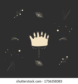 Vector illustration. Seance, witch's palm, cult of space and magic. Vector graphics. Magic of the sun and moon. The religion of spirits.