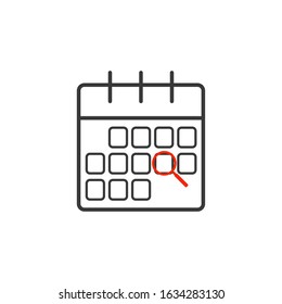 Vector illustration of search concept with calendar icon and magnifying glass. 