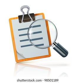 Vector illustration of search concept with check list on clipboard and magnifying glass