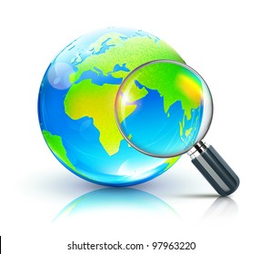 Vector illustration of search concept with magnifying glass and blue glossy globe showing Europe and Africa