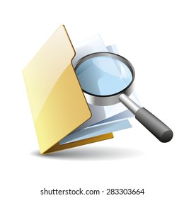 Vector illustration of search concept with yellow folder with paper  icon and magnifying glass, isolated on white background