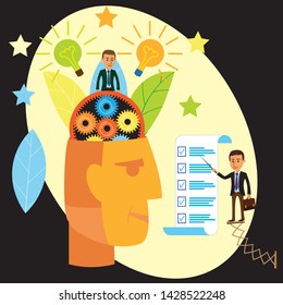 Vector illustration of the search for creative ideas, abstract human head generating thoughts and ideas, environmental solutions.