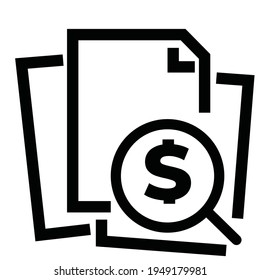 Vector illustration of a search dollar document symbol icon. black and white color, line drawing style. color can be edited. 2500 x 2500 pixel perfect.