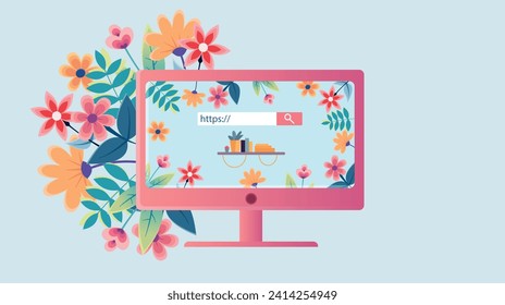 vector illustration of a search engine browser on a computer. Surrounded by spring flowers, pleasant internet atmosphere