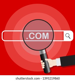 Vector illustration of the search engine. The hand holds the magnifier directed towards the com search system. Vector illustration on a red background