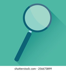 Vector illustration of Search flat icon with single magnifying glass in turquoise square background with diagonal shadow