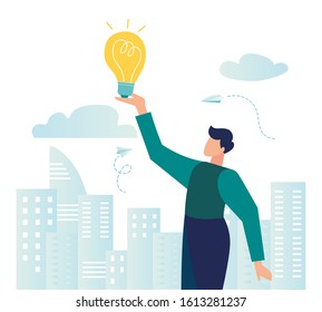 vector illustration, search for new creative ideas, catch an idea, brainstorm, idea light bulb in hand