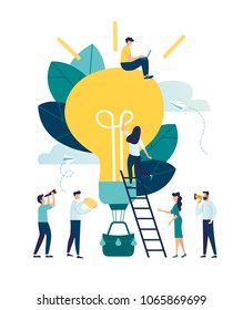 vector illustration, search for new ideas, teamwork in the company, brainstorming, fantasy flight, thought process, balloon in the form of a light bulb vector