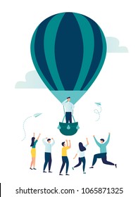 vector illustration, search for new ideas, teamwork in the company, brainstorming, fantasy flight,  vector, balloon flies up the company of little men rejoice, moving up approaching the goal 