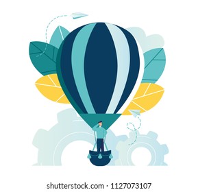 ilustración vectorial, búsqueda de nuevas ideas, trabajo en equipo en la empresa, brainstorming, vuelo de fantasía, proceso de pensamiento, globo vuela la compañía de pequeños hombres regocijarse, moviéndose hacia el objetivo