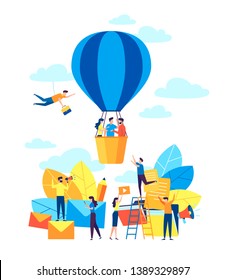 vector illustration, search for new ideas, teamwork in the company, brainstorming, fantasy flight, thought process, balloon flies up the company of little men rejoice, moving up approaching the goal
