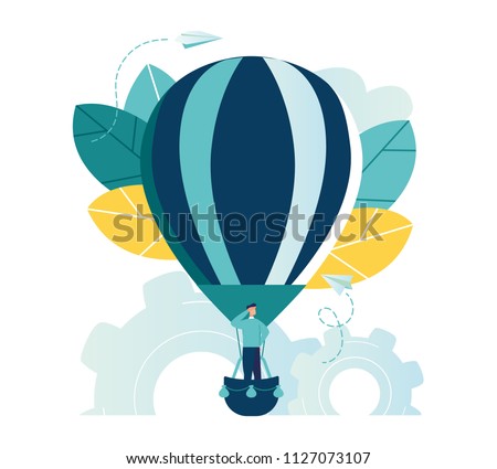 vector illustration, search for new ideas, teamwork in the company, brainstorming, fantasy flight, thought process, balloon flies up the company of little men rejoice, moving up approaching the goal